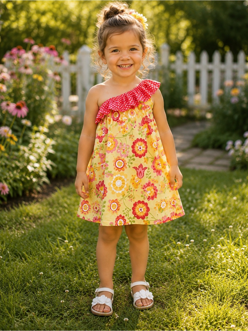 Southern Tots One Shoulder Floral Dress Handmade Cotton Yellow Pink 3T Boutique